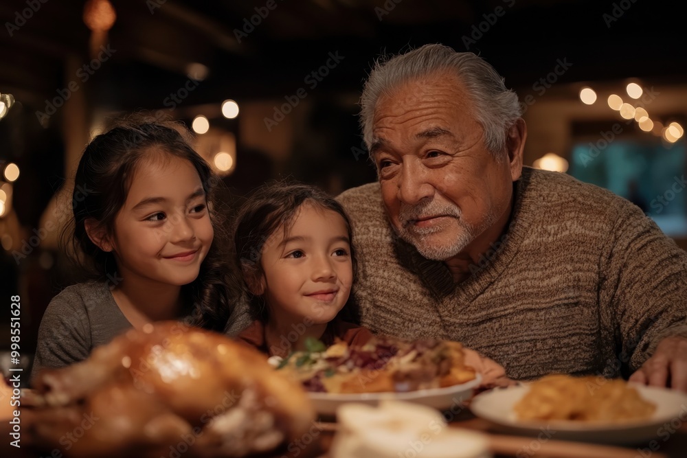A grandfather enjoys a delightful dinner feast with his granddaughters, surrounded by a cozy atmosphere, reflecting warmth and strong familial bonds. A grandfather enjoys a delightful dinner feast with his granddaughters, surrounded by a cozy atmosphere, reflecting warmth and strong familial bonds.