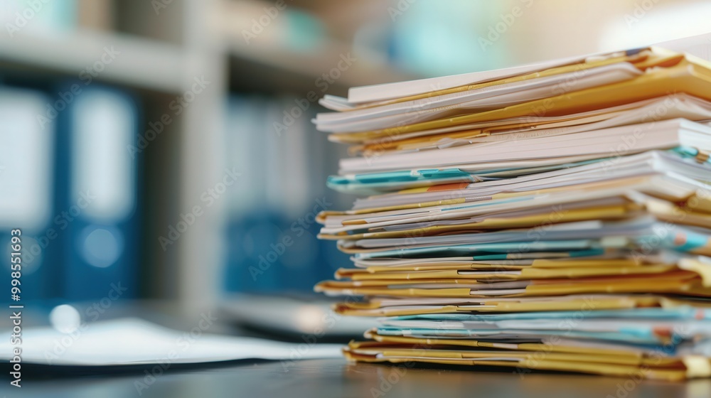 Cluttered Office Environment, a collection of documents piled high, conveying the busyness of corporate tasks, a sense of urgency and focus in a dynamic workspace Cluttered Office Environment, a collection of documents piled high, conveying the busyness of corporate tasks, a sense of urgency and focus in a dynamic workspace