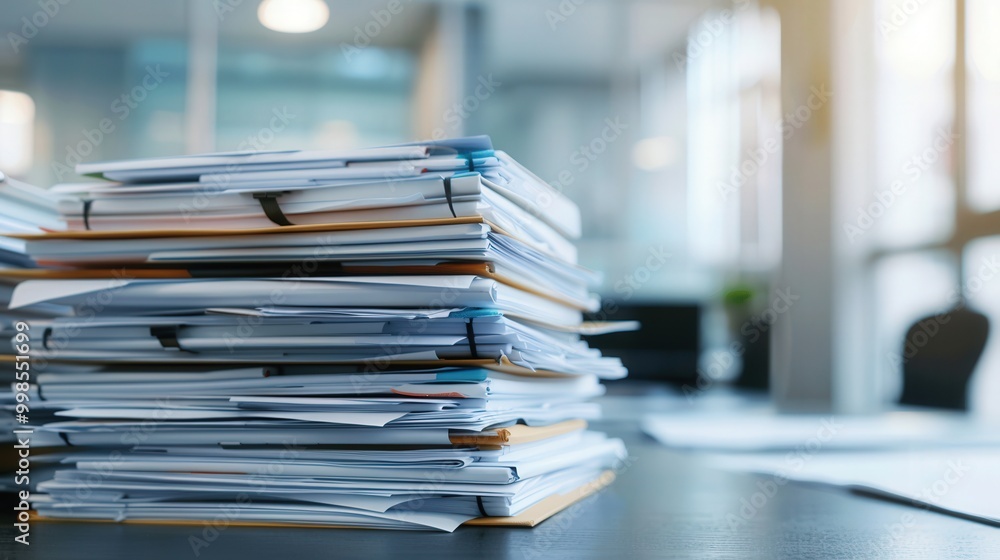 Cluttered Workspace, A disorganized office filled with stacks of documents, highlighting the chaos of business tasks and the need for efficient organization. Cluttered Workspace, A disorganized office filled with stacks of documents, highlighting the chaos of business tasks and the need for efficient organization.