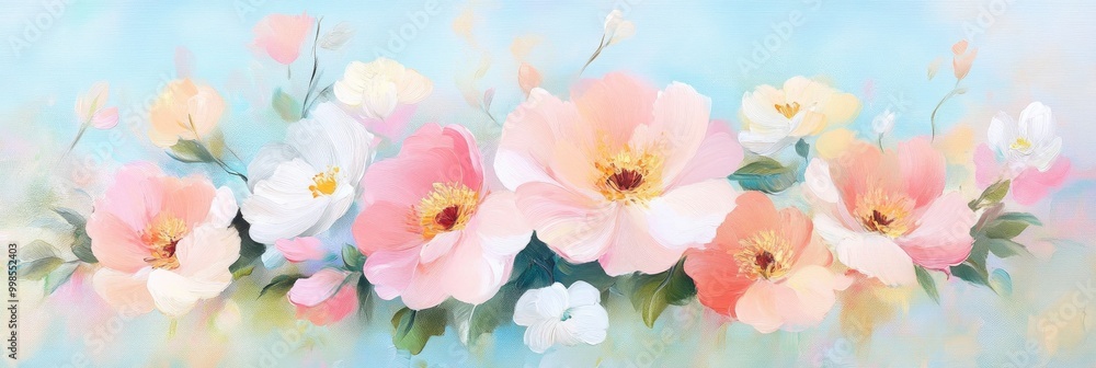 A painting of a field of flowers with a pink and purple background A painting of a field of flowers with a pink and purple background