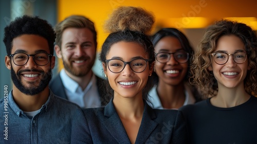 A diverse group of employees standing together, smiling and having an engaged conversation in the office setting. They are happy to be working with each other.