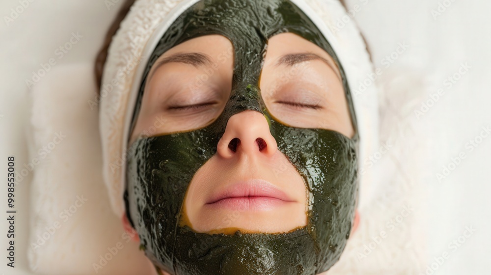 Seaweed Facial Mask, A woman relaxes with a soothing seaweed wrap, indulging in a rejuvenating spa treatment for healthy, radiant skin enriched with minerals.