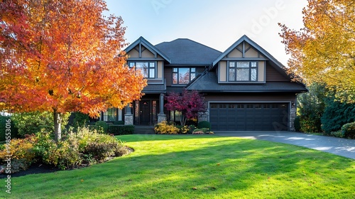 a large, two-story house with a well-maintained front yard. The house has a dark-colored exterior with a combination of stone and wood elements, and a dark roof. There are two prominent triangular gab