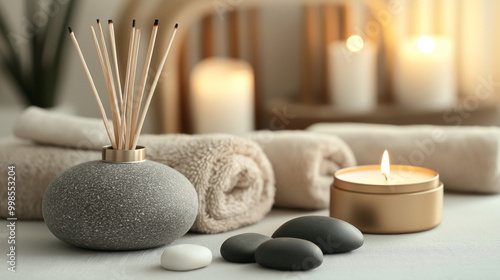 Spa Still Life with Candles and Stones, Relaxing Image for Spa Advertisement