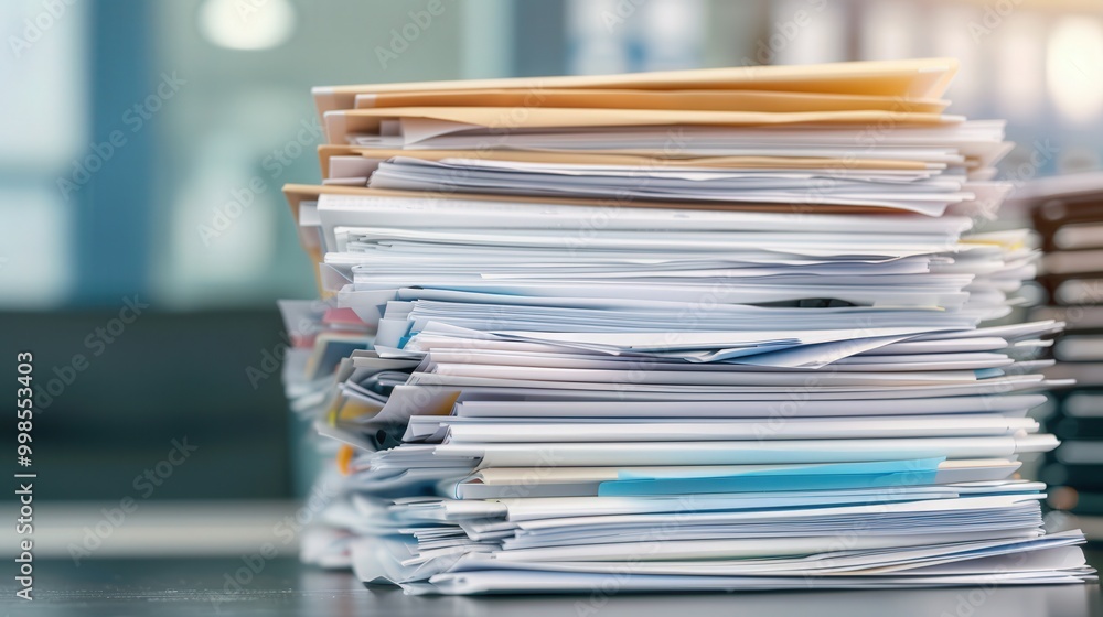 Office Chaos, a disordered stack of papers, blurred office environment, symbolizes the overwhelming nature of administrative tasks and the challenges of workplace organization