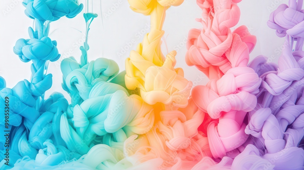 Obraz premium Vibrant Swirls of Colorful Ink in Water, a captivating display of fluid dynamics creating a mesmerizing rainbow backdrop, blending hues in an enchanting dance.
