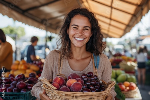Fototapeta Naklejka Na Ścianę i Meble -  A woman carries a basket filled with peaches and cherries at a bustling outdoor produce market. The market is full of fresh, vibrant fruits and vegetables.