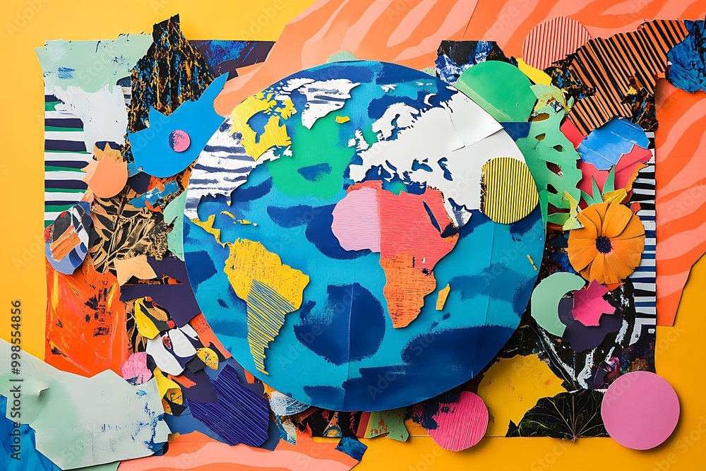 Naklejka premium World, globe and collage art made of paper school project, humanity and eco friendly banner