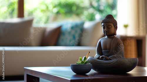 A small Buddha statue in a living room with a modern and warm interior. Buddha, incense sticks.