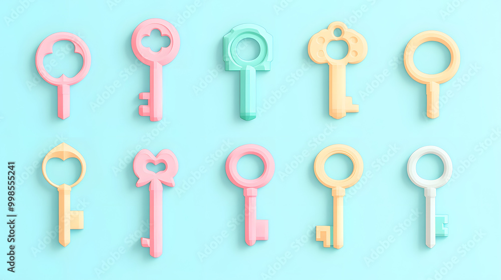 Simple pastel key set of icons with smooth lines and pastel colors placed on a clean background Simple pastel key set of icons with smooth lines and pastel colors placed on a clean background
