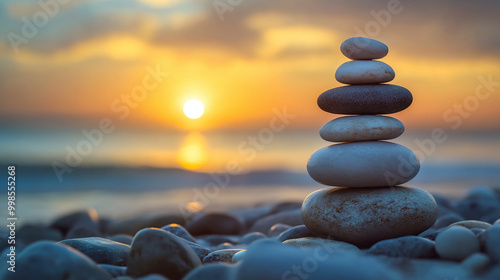 Zen Stones at the Beach During Sunset, Symbolizing Meditation, Peace, and Mindfulness