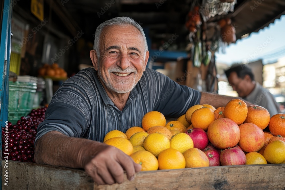 Fototapeta premium A man leans against his market stall brimming with fresh, colorful oranges, showcasing the local fruit trade and the vivid display of produce in a lively market setting.