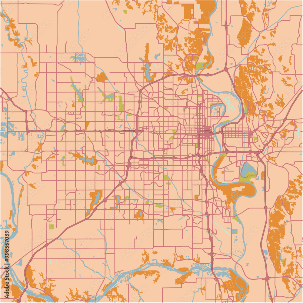 Fototapeta premium Map of Omaha in Nebraska in a sandy theme. Contains layered vector with roads water, parks, etc.