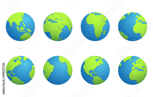 Set of round globes isolated on white background. Earth globe 3d icon. Planet Earth Collection. Vector illustration