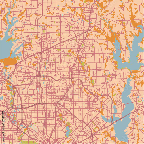 Map of Plano in Texas in a sandy theme. Contains layered vector with roads water, parks, etc.