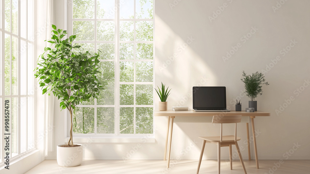 Fototapeta premium A bright, minimalist home office featuring a sleek, wall-mounted floating desk with a laptop and a single houseplant, clean white walls, and natural light pouring in from a large window