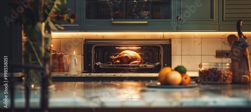 Modern Kitchen with Thanksgiving Turkey Roasting in the Oven for Festive Celebration Design photo