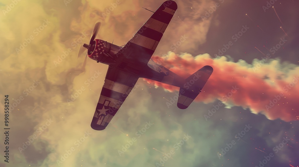 Naklejka premium Vintage Military Plane Display at Veterans Day Event with Patriotic Smoke Trail