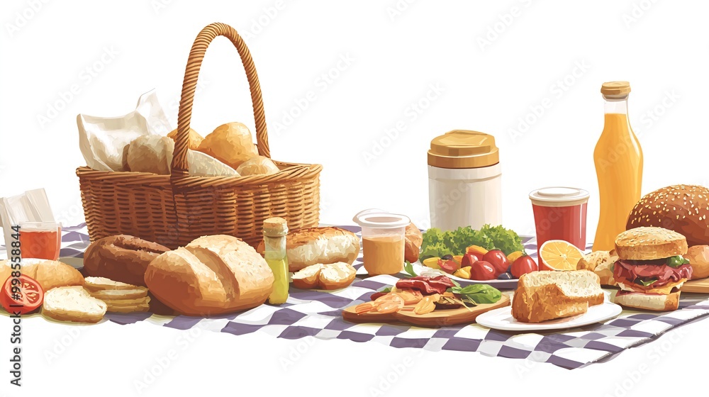 A picnic basket filled with food and drinks on a checkered tablecloth. A picnic basket filled with food and drinks on a checkered tablecloth.