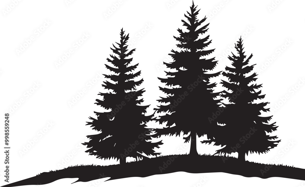 Fototapeta premium Black silhouettes of a pine tree, Evergreen trees, black and white cliparts