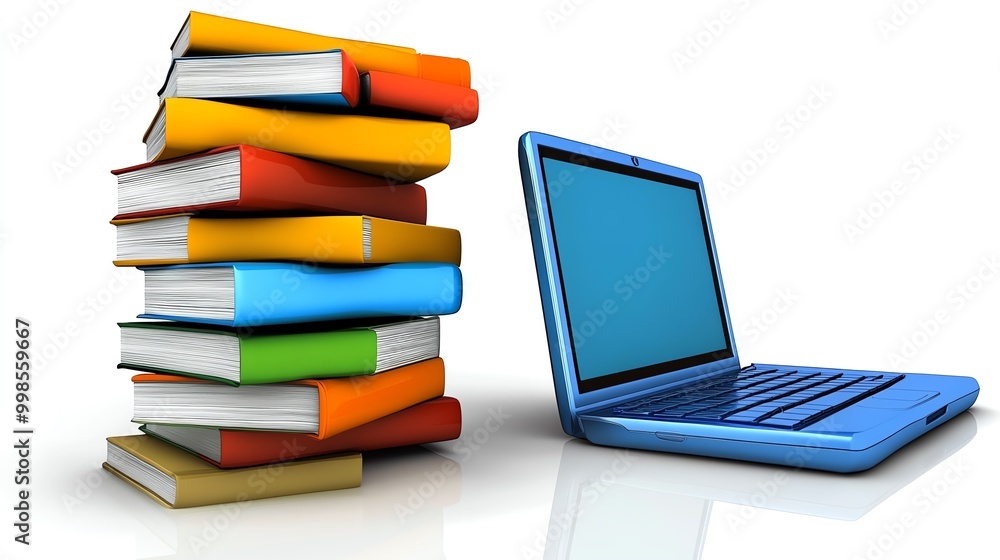 A stack of colorful books next to a blue laptop, symbolizing traditional and digital learning. A stack of colorful books next to a blue laptop, symbolizing traditional and digital learning.
