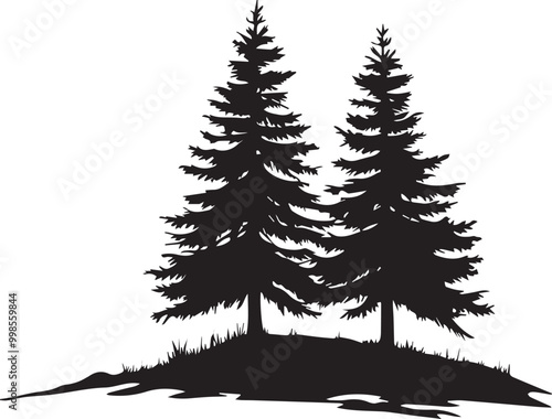Black silhouettes of a pine tree, Evergreen trees, black and white cliparts