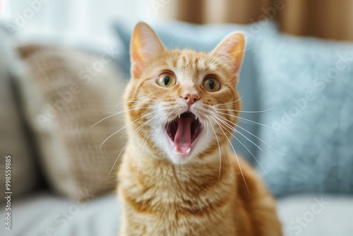 A close up of a ginger cat with wide eyes and an open mouth, expressing surprise or curiosity. The bright background enhances the cats vibrant orange fur and expressive face. Copy space available.