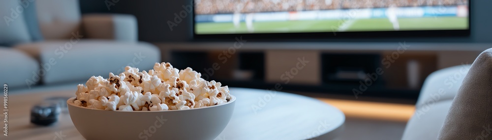 Close-up of a bowl of popcorn on a table with a football game on a TV in the background in a cozy living room setting. Close-up of a bowl of popcorn on a table with a football game on a TV in the background in a cozy living room setting.