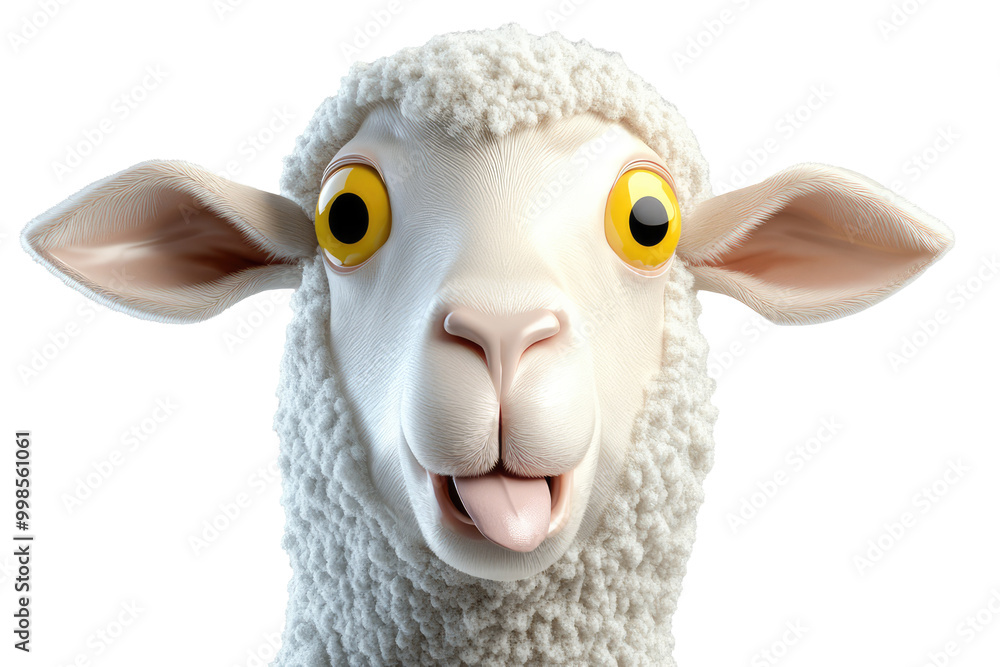 This image features a sheep with curly white wool and prominently large pink ears, positioned against a solid white background, conveying themes of purity and gentleness. This image features a sheep with curly white wool and prominently large pink ears, positioned against a solid white background, conveying themes of purity and gentleness.