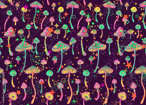 Magic mushrooms and stars seamless pattern. Psychedelic hallucination. 60s hippie colorful art. Vintage psychedelic textile, fabric, wrapping, wallpaper. Vector repeating illustration.