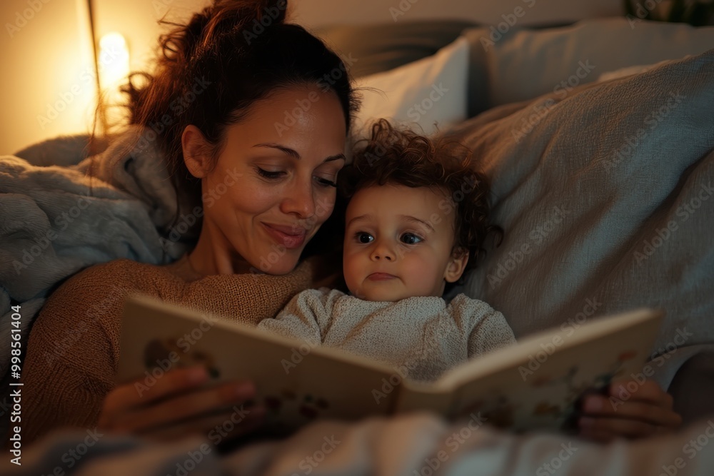 Nestled in bed, a mother shares a bedtime story with her baby under warm, ambient lighting, fostering an early love for reading and deepening their emotional connection. Nestled in bed, a mother shares a bedtime story with her baby under warm, ambient lighting, fostering an early love for reading and deepening their emotional connection.