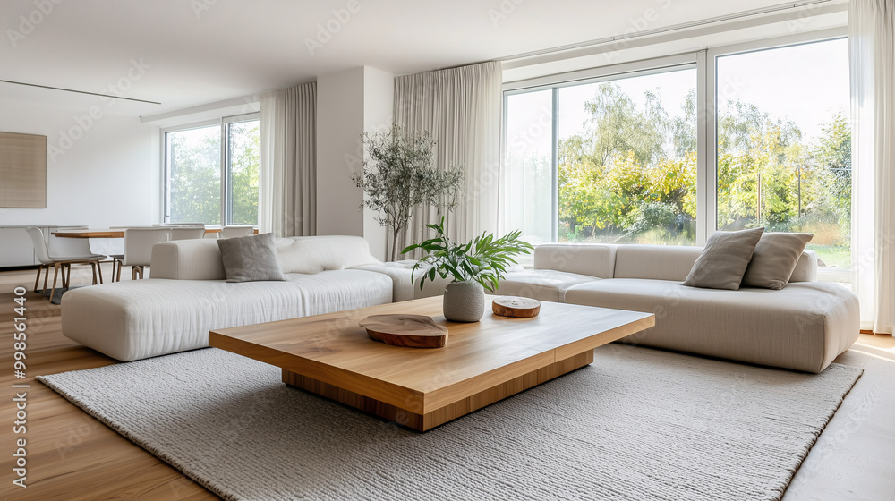 Fototapeta premium A bright, minimalist living room with a wooden coffee table and a light gray rug. The room has large windows allowing natural light to flood the space