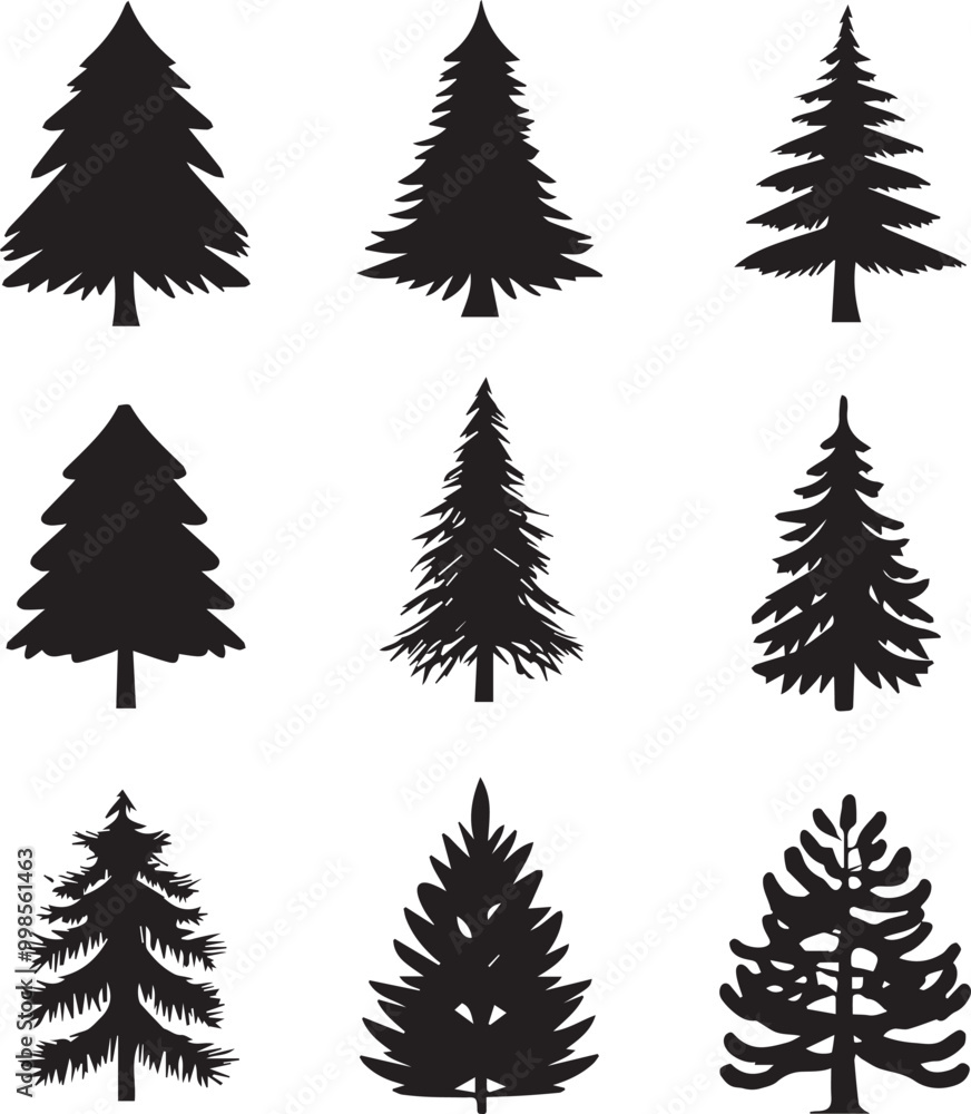 Obraz premium Black silhouettes of a pine tree, Evergreen trees, black and white cliparts
