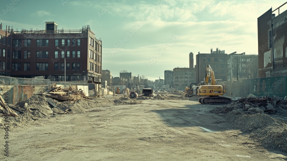 Urban Construction Site with Heavy Machinery and Buildings Urban Construction Site with Heavy Machinery and Buildings