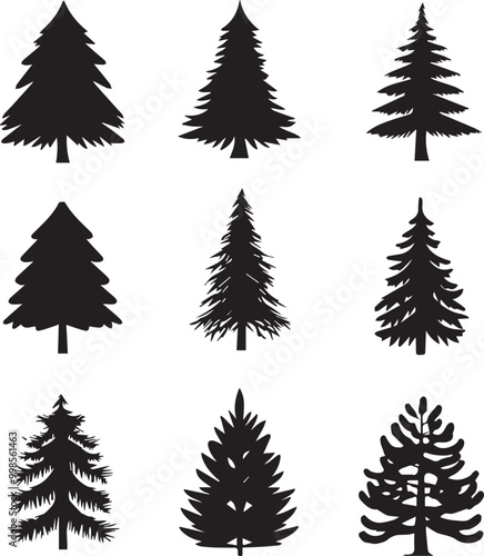 Black silhouettes of a pine tree, Evergreen trees, black and white cliparts