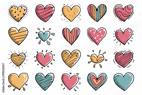 Doodle hearts sketch set