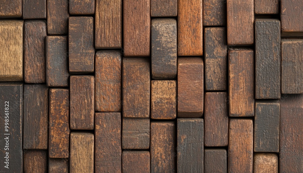 Textured wooden blocks arranged in a mosaic pattern, showcasing natural variations in color and grain on a neutral background. Textured wooden blocks arranged in a mosaic pattern, showcasing natural variations in color and grain on a neutral background.