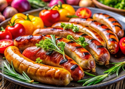 Delicious grilled sausages served with fresh vegetables.