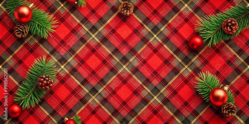 Festive plaid background with Christmas decorations and greenery. photo