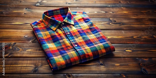 Folded plaid shirt on wooden surface, casual fashion style. photo