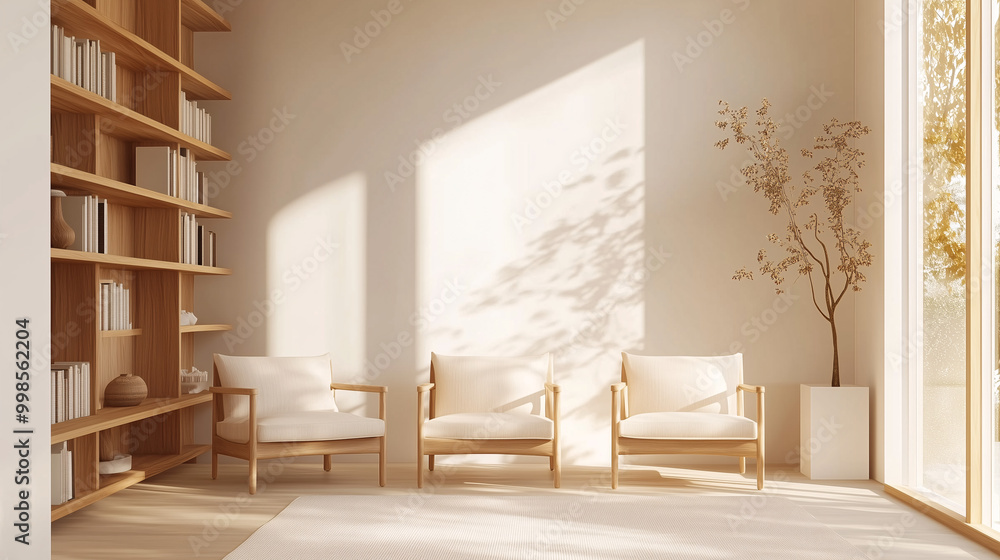 Fototapeta premium A bright, minimalist living room with wooden accent chairs and a simple wooden bookshelf. The room is bathed in natural light, highlighting the warm tones of the wood