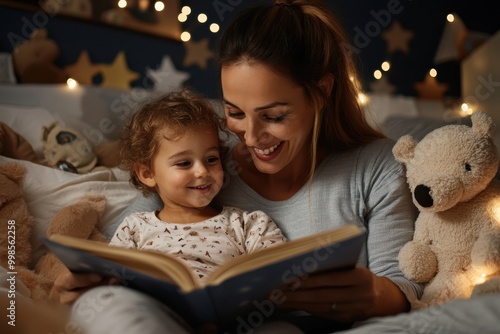 A mother and child share a bedtime story in a cozy star-lit bedroom filled with soft toys and warm lighting, creating a serene and bonding nighttime atmosphere. photo