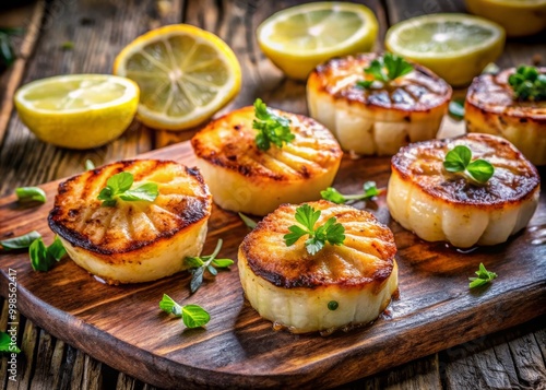 Grilled scallops garnished with herbs and lemon slices.