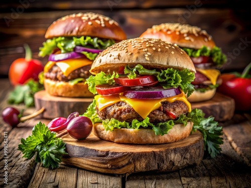 Juicy cheeseburgers with fresh toppings on a rustic wooden table. photo