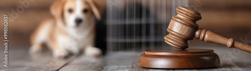 Wooden gavel and confused dog behind bars in animal shelter. Concept of animal rights and law. Selective focus on gavel.