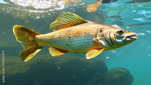 closeup 4K footage Probarbus Jullieni fish also known SevenStriped Carp swimming gracefully river fish's distinct features selective focus wildlife aquatic underwater animal aquarium photo