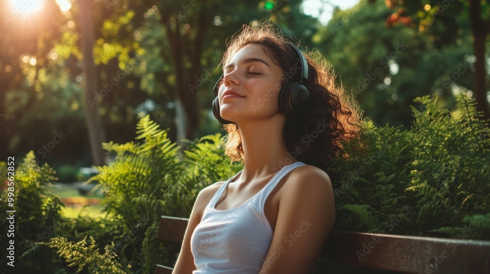 A young woman sitting on a park bench, wearing wireless headphones and lost in her favorite music, surrounded by lush greenery and a sunny atmosphere, embodying relaxation. A young woman sitting on a park bench, wearing wireless headphones and lost in her favorite music, surrounded by lush greenery and a sunny atmosphere, embodying relaxation.
