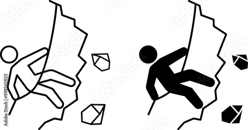 Rock Climbing Icons. Black and White Vector Icons. Man with Rope Climbing Rock or Climbing Wall. Sports and Leisure. Adventure and Tourism Concept