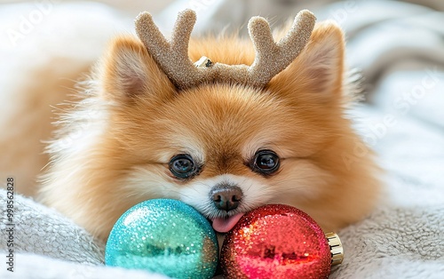 A playful Pomeranian wearing reindeer antlers with festive ornaments during the holiday season at home photo