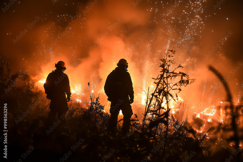 Firefighters battle the flames of a wildfire Firefighters battle the flames of a wildfire
